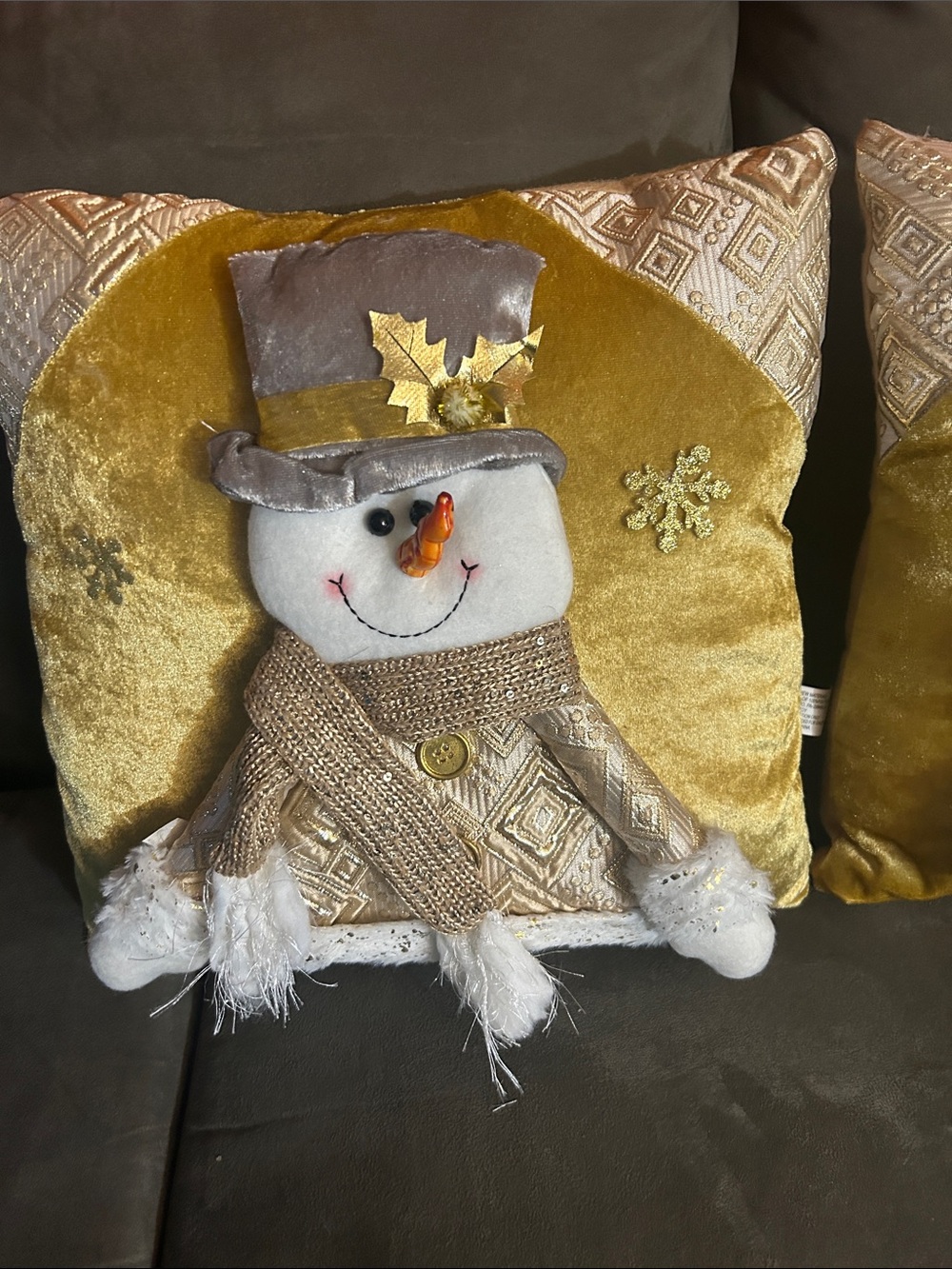 Gold Velvet Snowman Holiday Throw Pillow - Decorative Home Holiday Accent